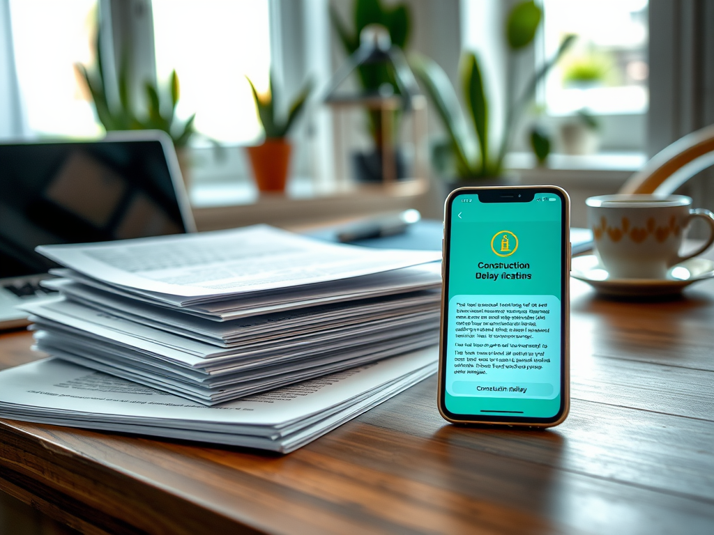 На столе лежат документы, а рядом телефон с сообщением о задержке строительства.