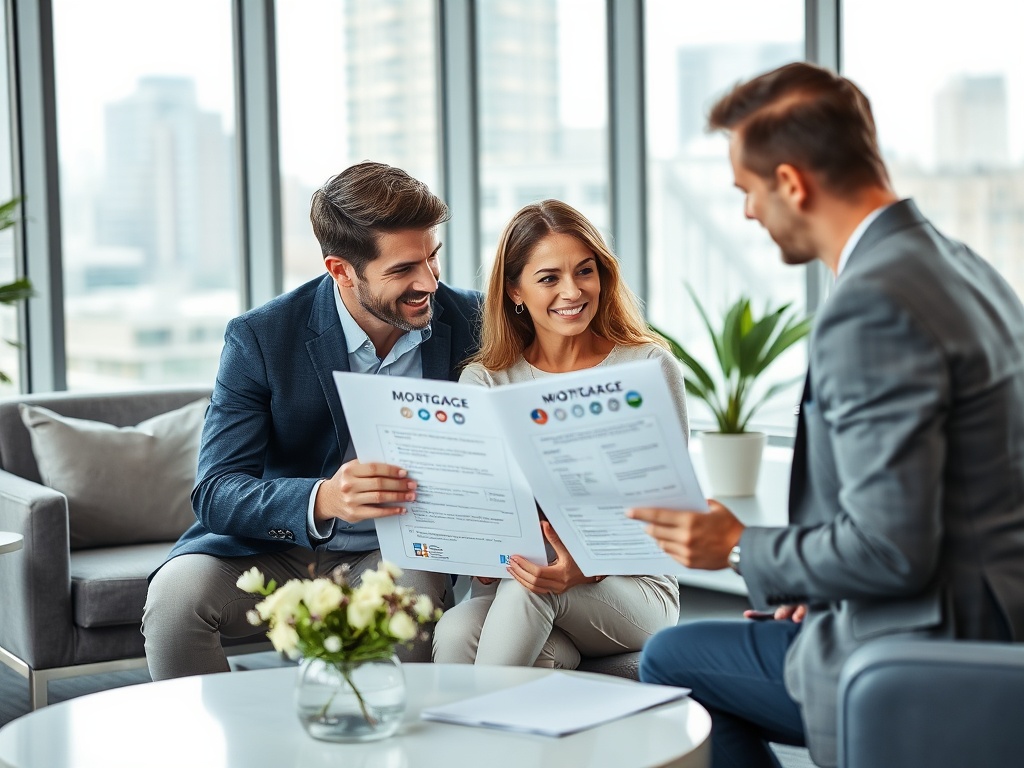 Молодая пара обсуждает ипотечные предложения с консультантом в светлом офисе.