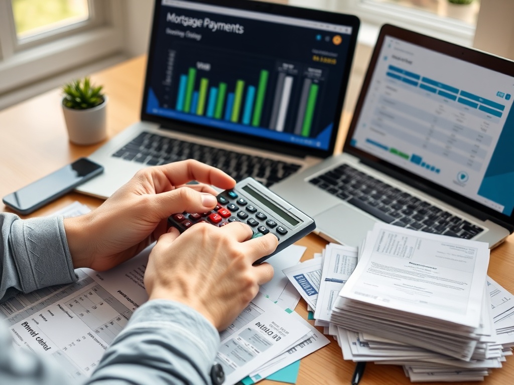 На столе бумаги, калькулятор и два ноутбука с графиками и финансовой информацией.