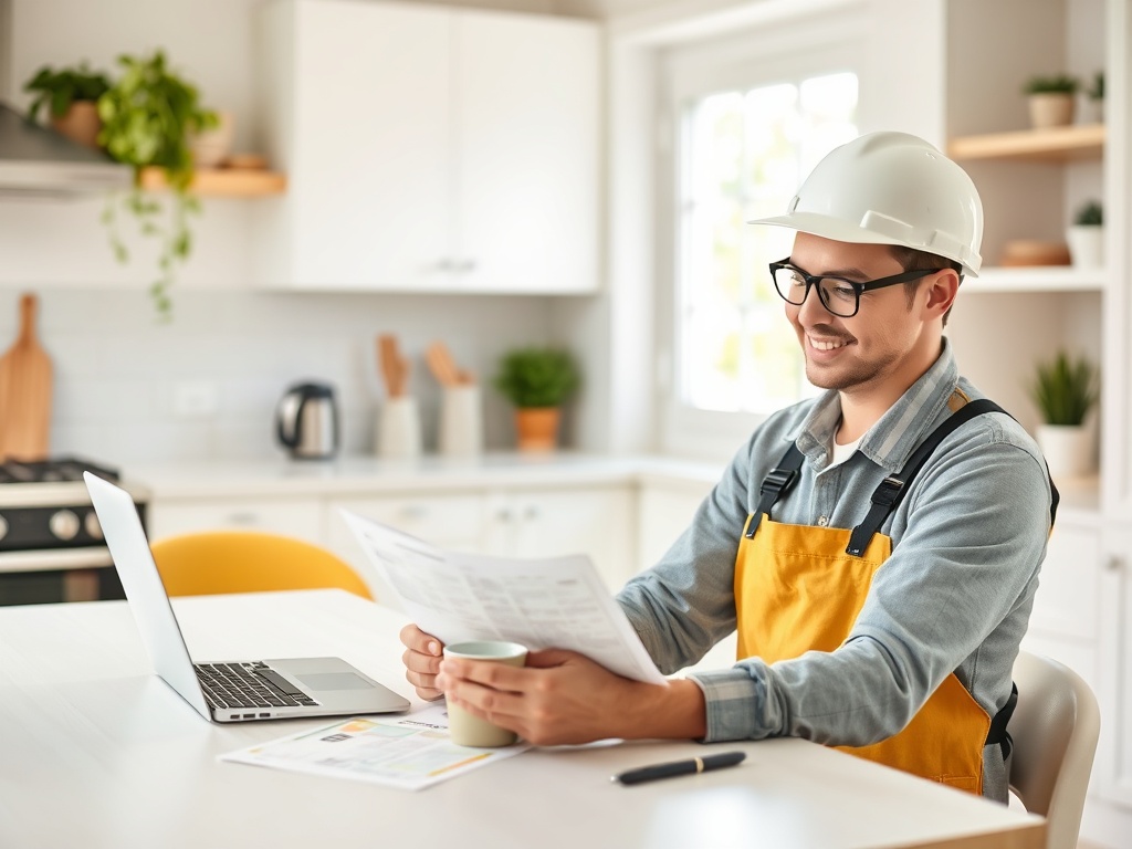 Мужчина в строительной каске и рабочем комбинезоне читает документы за столом в светлой кухне.