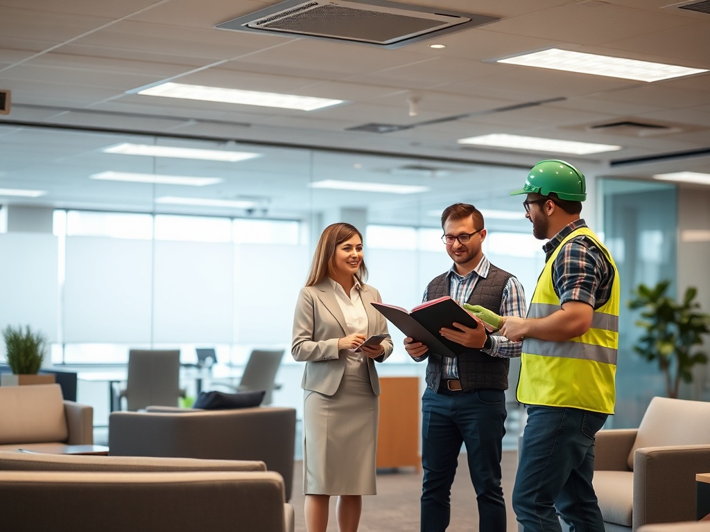 Трое людей в офисе обсуждают планы. Женщина в деловом костюме и двое мужчин в рабочей одежде.