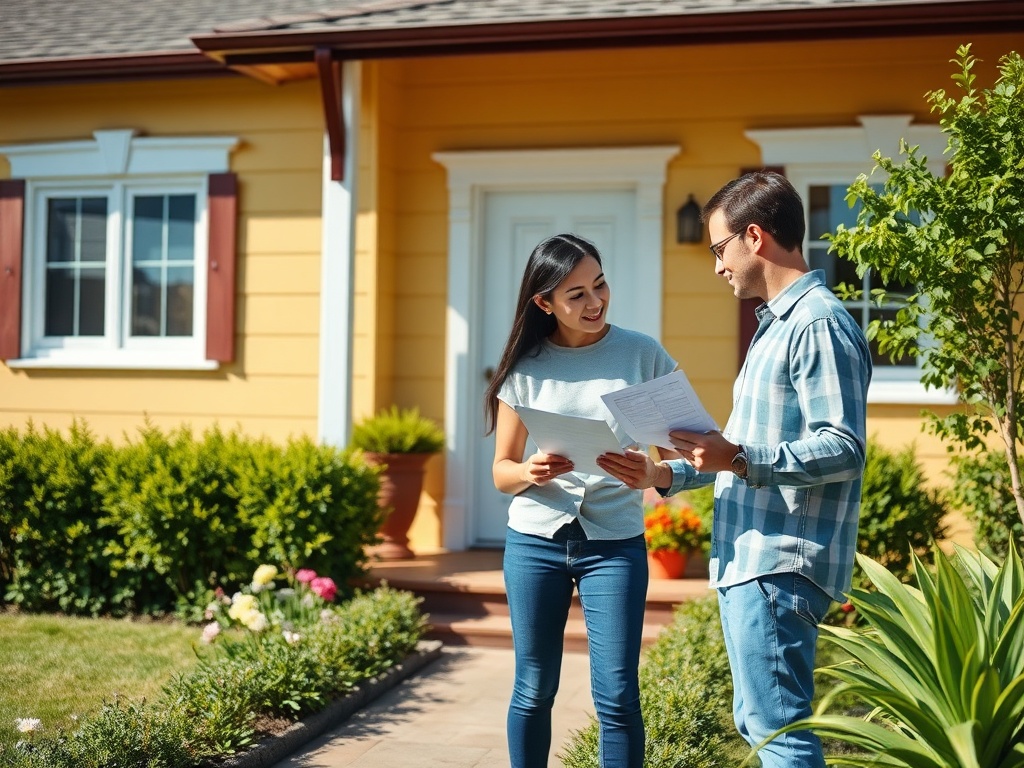 Девушка и молодой человек стоят перед домом, обсуждая бумаги с улыбками на лицах. Лето, солнечная погода.