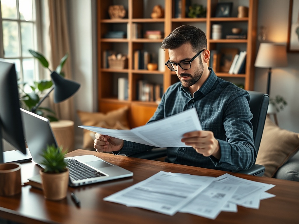 Мужчина в очках читает документы за деревянным столом в домашнем офисе с уютной атмосферой.