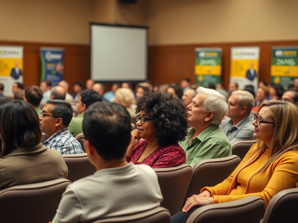 Аудитория на мероприятии внимательно слушает, на экране видны рекламные баннеры и выступает спикер.