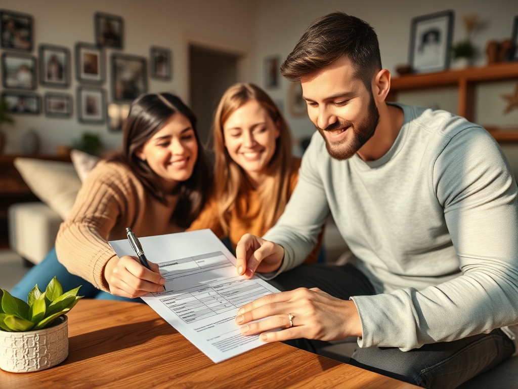 На фотографии мужчина подписывает документы, а две женщины с радостью наблюдают за этим.