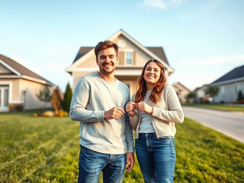 Молодая пара стоит на лужайке перед домом, улыбается и держится за руки. Солнечный день и спокойная обстановка.