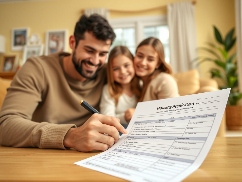 Семья заполняет анкету на жилье, сидя за столом в домашней обстановке, с улыбками на лицах.