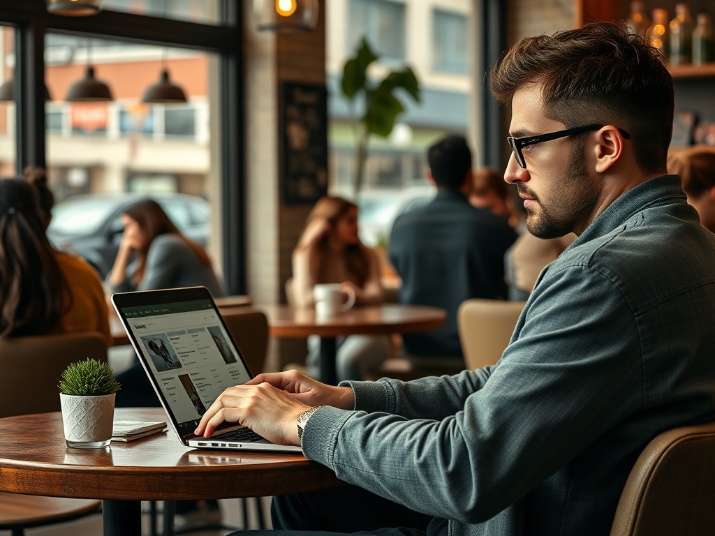 Молодой человек с ноутбуком в кафе, сосредоточенно работает за столом, вокруг него посетители.
